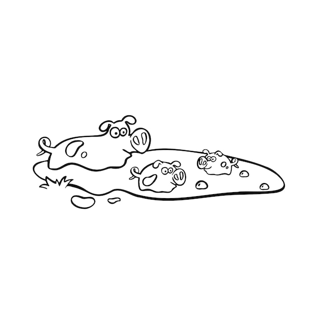 Cartoon pig with piglets in mud vector illustration coloring book