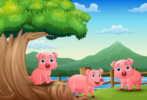 Cartoon piglets in the jungle