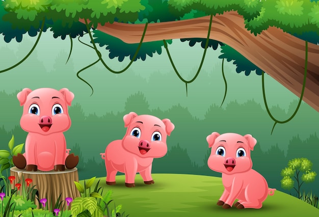 Cartoon piglets in the jungle