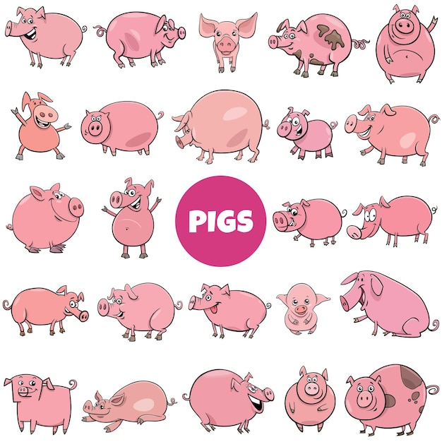 Cartoon pigs farm animal characters big set coloring page