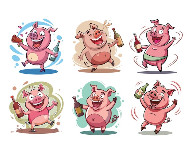 Vector cartoon pigs having fun with bottles partying and celebrating pigs set