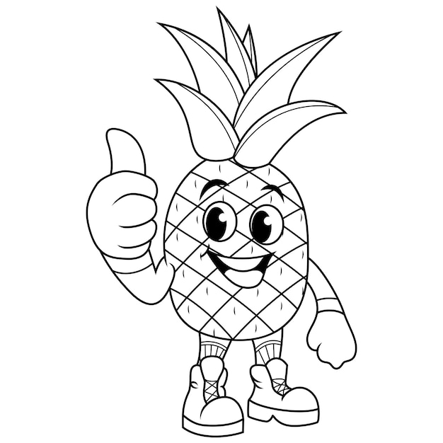 Cartoon pineapple giving thumbs up on line art