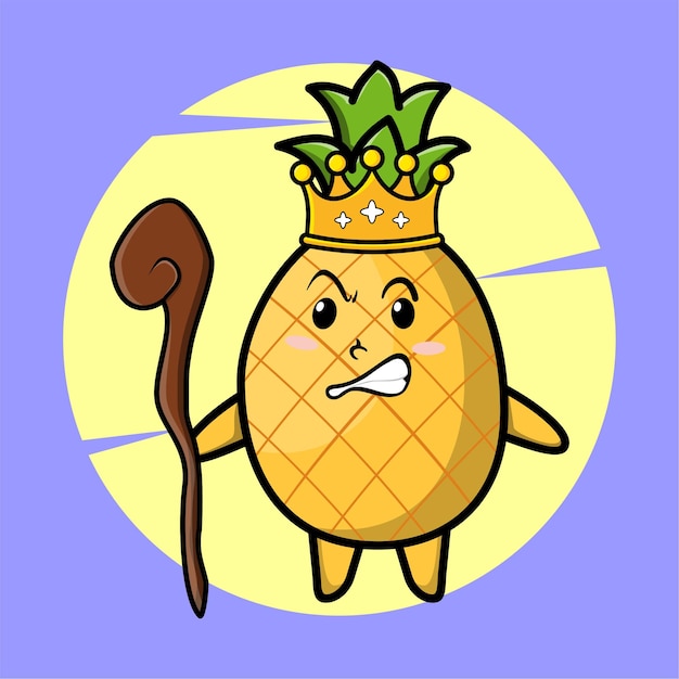 Cartoon pineapple mascot as wise king with golden crown and wooden stick cute style design