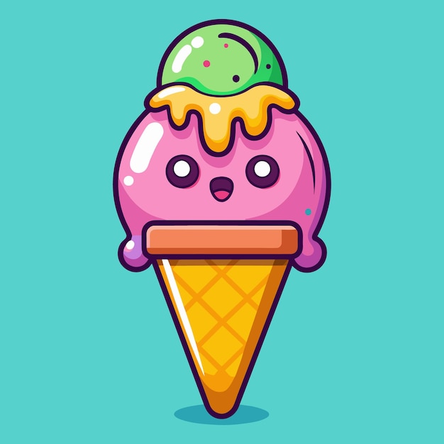 A cartoon of a pink ice cream cone with a green and purple top flat style vector icon illustration