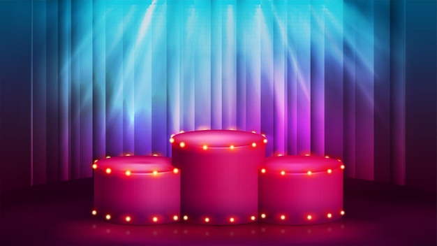 Vector cartoon pink round cylindrical pedestals of winners with bulbs lights and spotlight on background with curtain