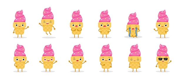 Cartoon pink set ice cream emoji characters Sweet food