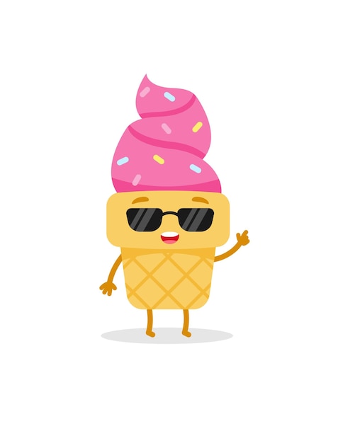 Cartoon pink sunglasses ice cream emoji character Sweet food Cute vector illustration