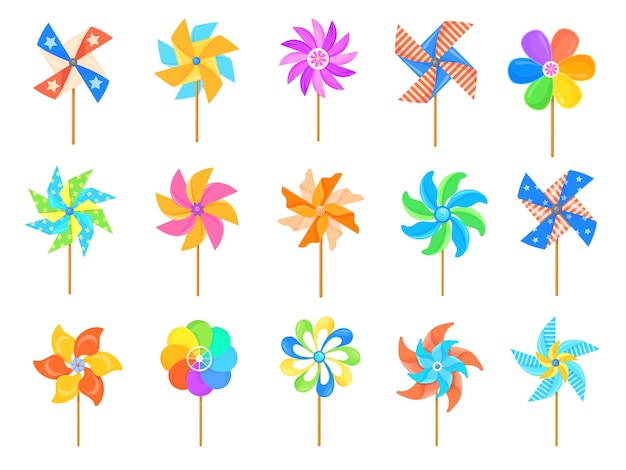 Cartoon pinwheel Paper propller kid toy set color windmills baby joy wind mill summer weather breeze wheel child color whirligig spinner or weathercock neat vector illustration