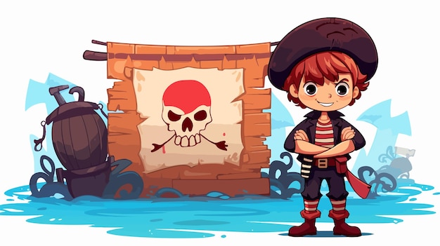 Vector cartoon pirate boy holding sign