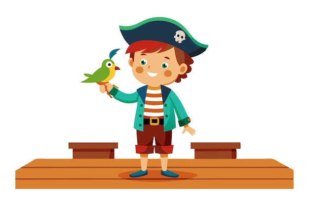 Cartoon pirate child with a parrot on wooden deck happy kid in pirate costume