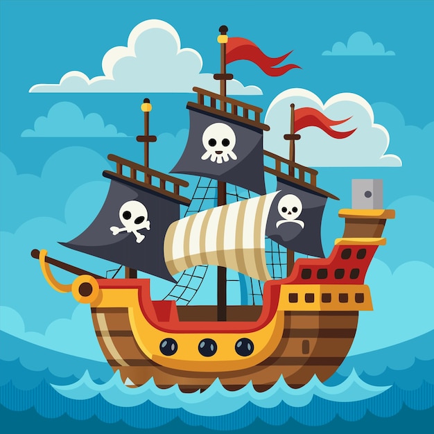 Vector a cartoon of a pirate ship with skulls and a pirate ship on the top