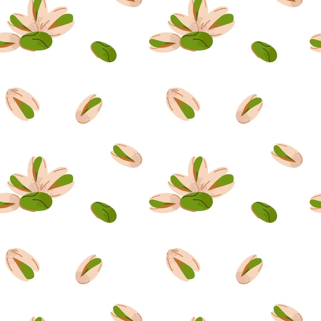 Cartoon pistachio seamless pattern Nuts in shell and peeled pieces Healthy food Diet snack Organic vegetarian Decor textile wrapping wallpaper Print for fabric vector isolated illustration