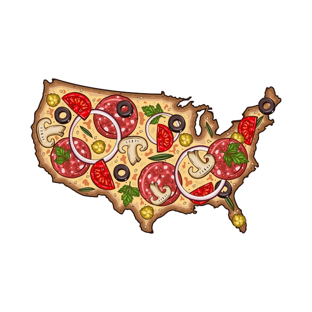 Cartoon   pizza. Map of USA in the form of pizza. Pizza in the form of a map of USA.