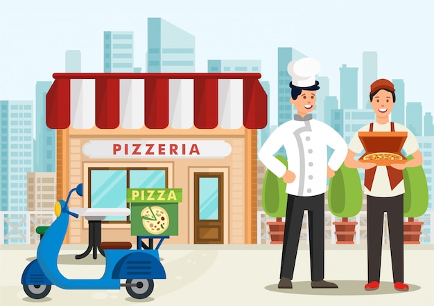 Cartoon pizzaiolo standing next to pizza courier