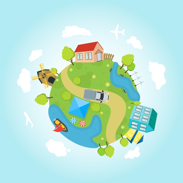 Cartoon Planet Earth with Houses, Ocean, Roads Flat Style Design Eco Concept. Vector illustration