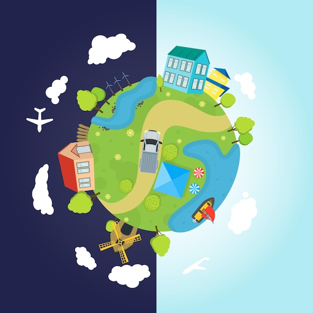 Cartoon Planet Earth with Houses Ocean Roads Vector