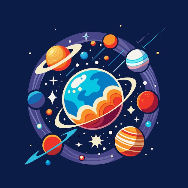 Cartoon planet in space with stars and planets Vector illustration Astronomy t shirt design