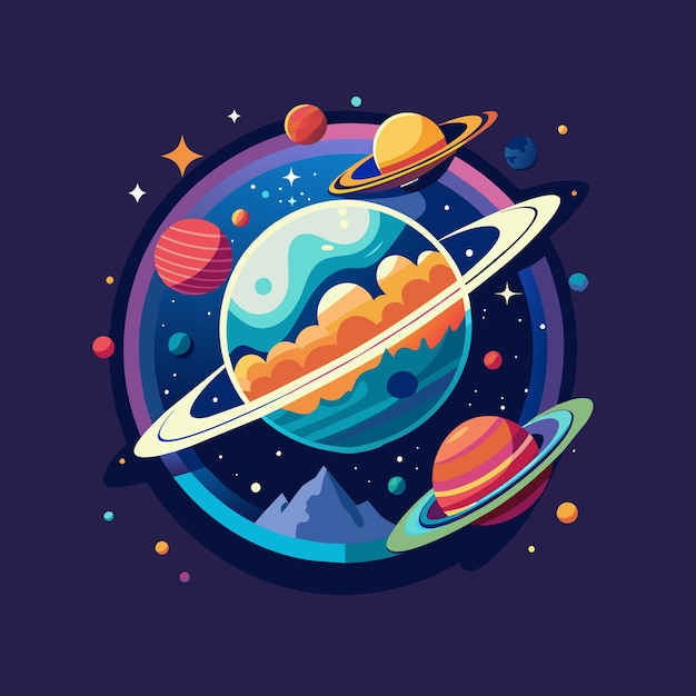 Cartoon planet in space with stars and planets Vector illustration