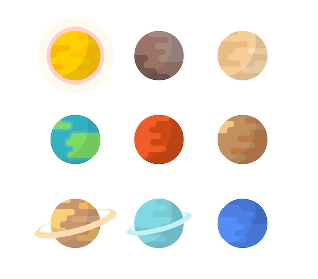 Cartoon planets set and simple solar system on white background flat vector illustration