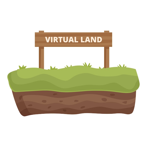 Cartoon of a plot of land with a virtual land sign symbolizing digital real estate