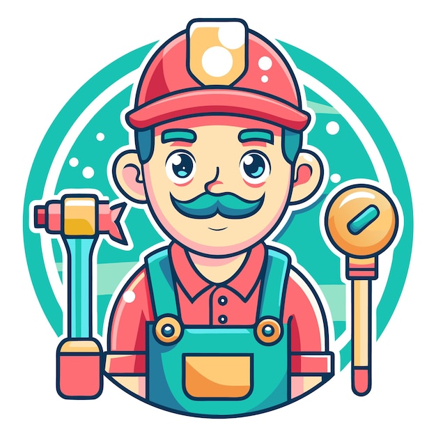 Vector cartoon plumber holding a wrench and hammer in a circle background