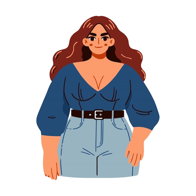 Cartoon plussize woman in trendy outfit standing confidently promoting body positivity