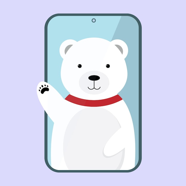 Cartoon polar bear in smartphone