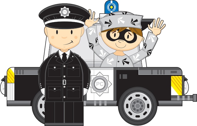 Cartoon Policeman and Police Car with Prisoner Emergency Services Illustration