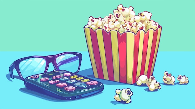 a cartoon of a popcorn and a pair of glasses next to a box of popcorn