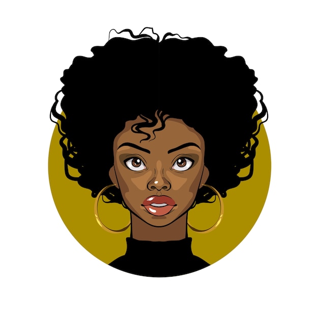 Cartoon portrait of an Afro American girl with curly hair, big eyes and golden earrings