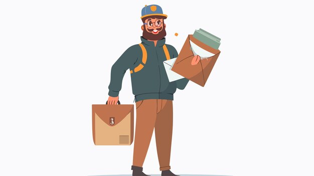 Cartoon Postman Holding Mail and Bag Flat Vector Illustration