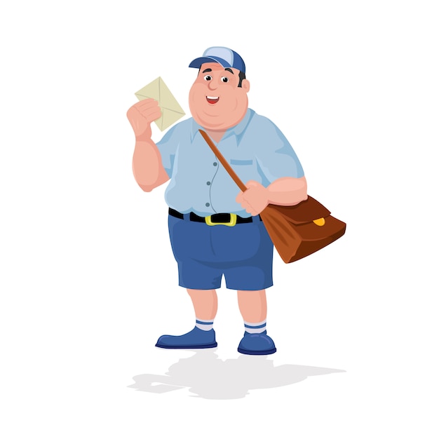 Cartoon postman holding mail and bag