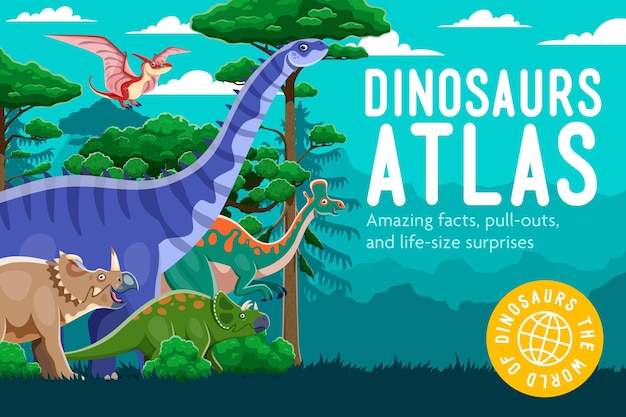 Vector cartoon prehistoric dinosaur characters atlas book