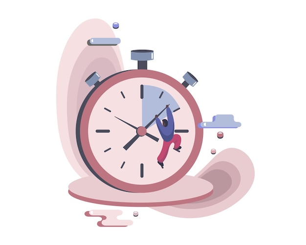 Cartoon pretty faceless male character trying to stop clock Time planning making progress and hard work Vector flat style illustration on white background