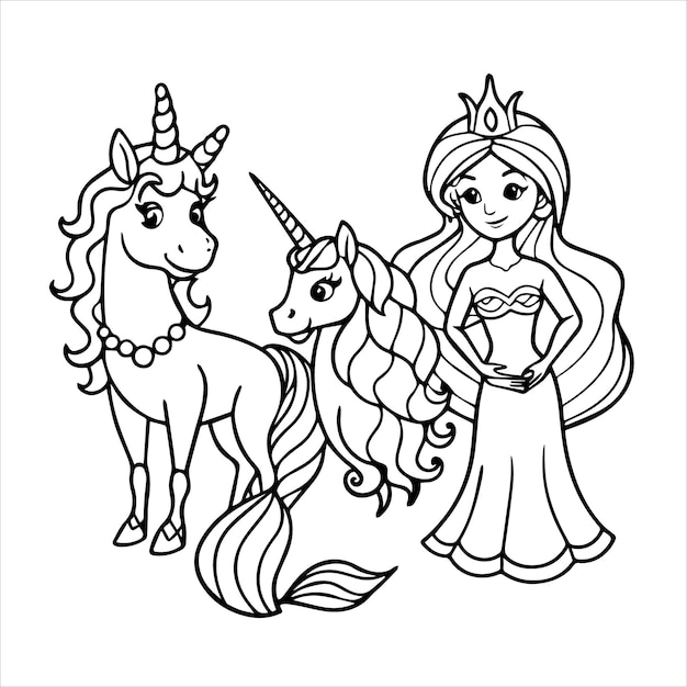 Vector a cartoon of a princess and a unicorn with a crown on it