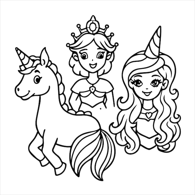 Vector a cartoon of a princess and a unicorn with a crown on it