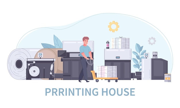 Cartoon printing house polygraphy concept an employee carries printed papers on a special cart vector illustration