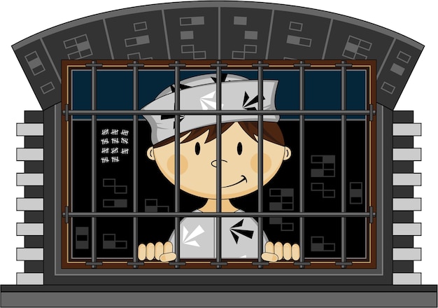 Cartoon Prisoner Wearing Classic Arrow Style Prison Uniform in Jail Cell