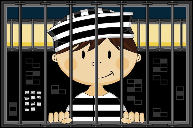 Cartoon Prisoner Wearing Classic Striped Prison Uniform in Jail Cell