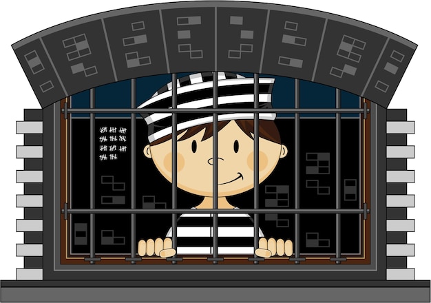 Cartoon Prisoner Wearing Classic Striped Prison Uniform in Jail Cell