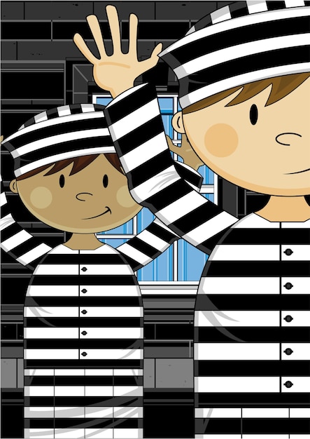 Cartoon Prisoners in Classic Striped Prison Uniform with Hands Up