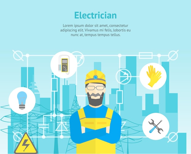 Cartoon Professional Electrician Worker Man and Electric Service Card Poster Vector