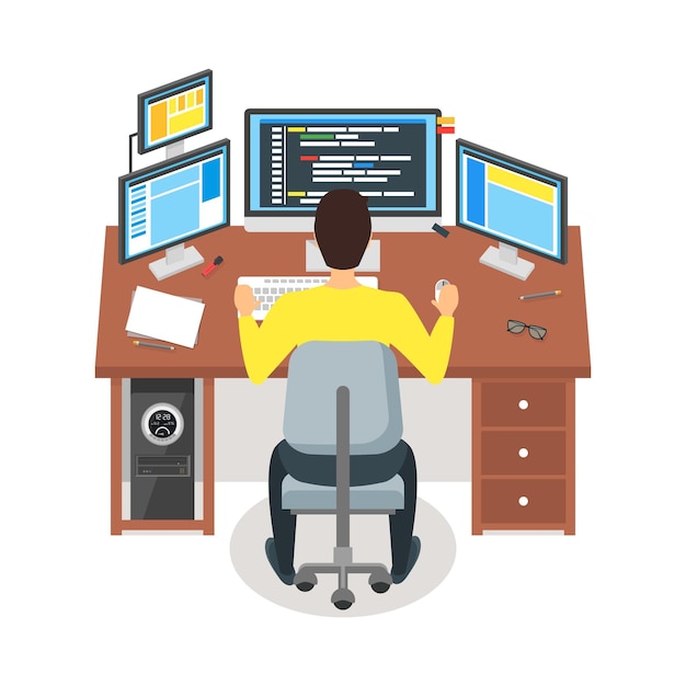 Cartoon Programmer Writes Code Workspace Concept Vector