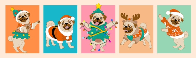 Vector cartoon pug bulldog dog wearing christmas costumefor christmas day illustration premium vector