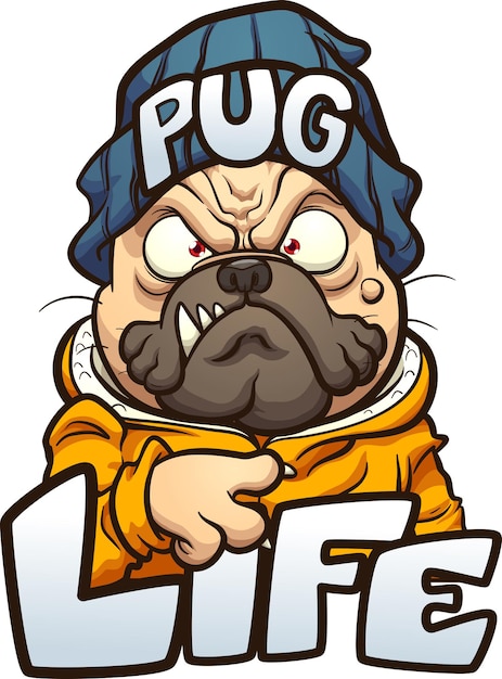 Cartoon pug dog with angry face wearing a beanie and the text Pug Life