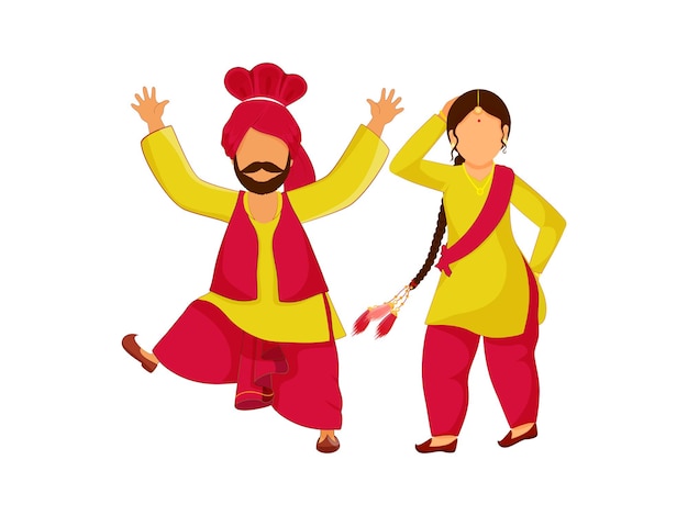 Cartoon Punjabi Couple Doing Bhangra Dance In Red And Yellow Color Attire.