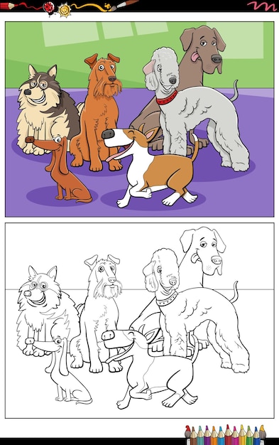 Cartoon purebred dogs characters group coloring page