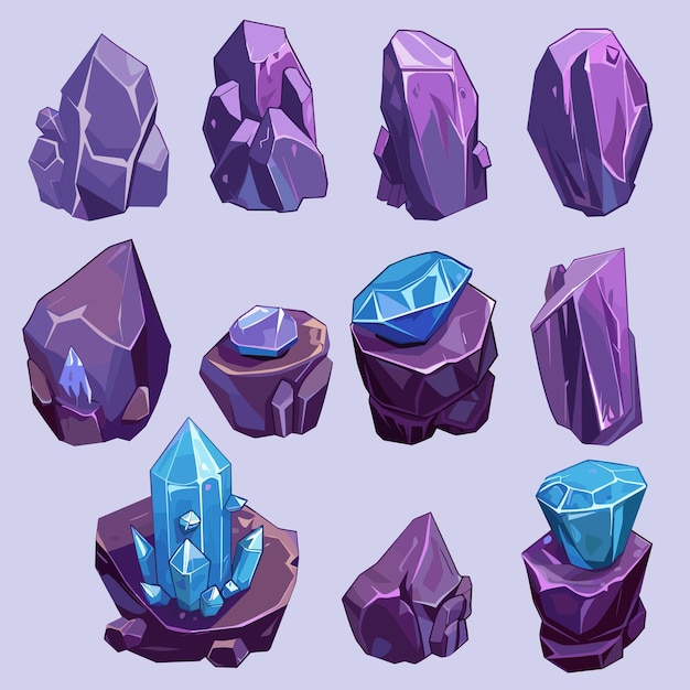 Vector cartoon purple rocks with blue crystal gems for game design