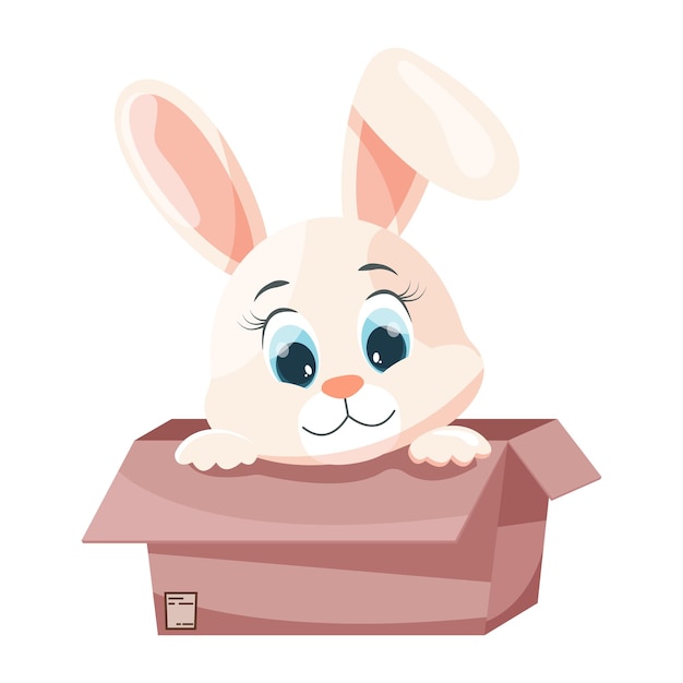 Cartoon rabbit in a box with flowers on a transparent background Banner greeting card template