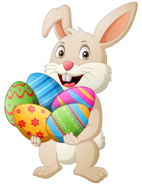 Cartoon rabbit holding easter eggs. illustration